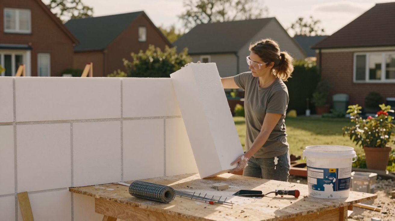 Mulher com óculos de proteção a manusear tijolo leve em obra ao ar livre com casas ao fundo.