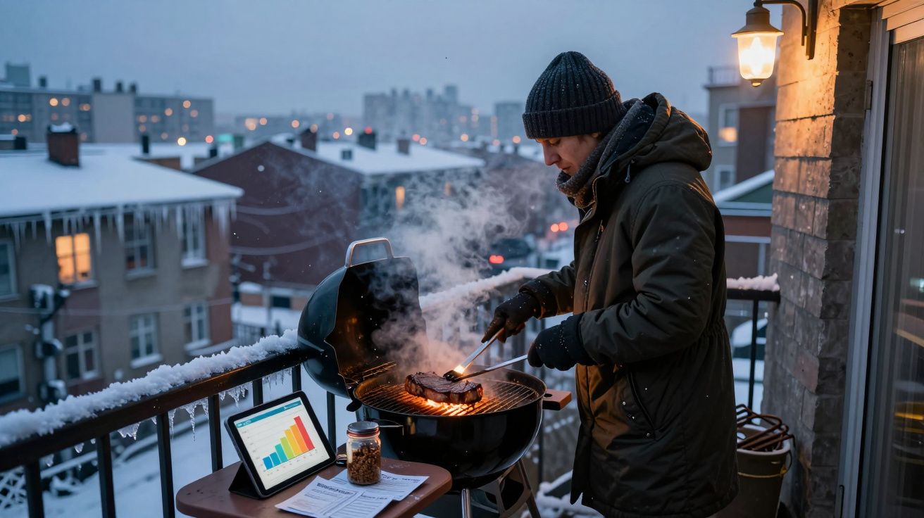 Homem a grelhar carne num churrasco no terraço durante o inverno, com tablet e documentos numa mesa ao lado.