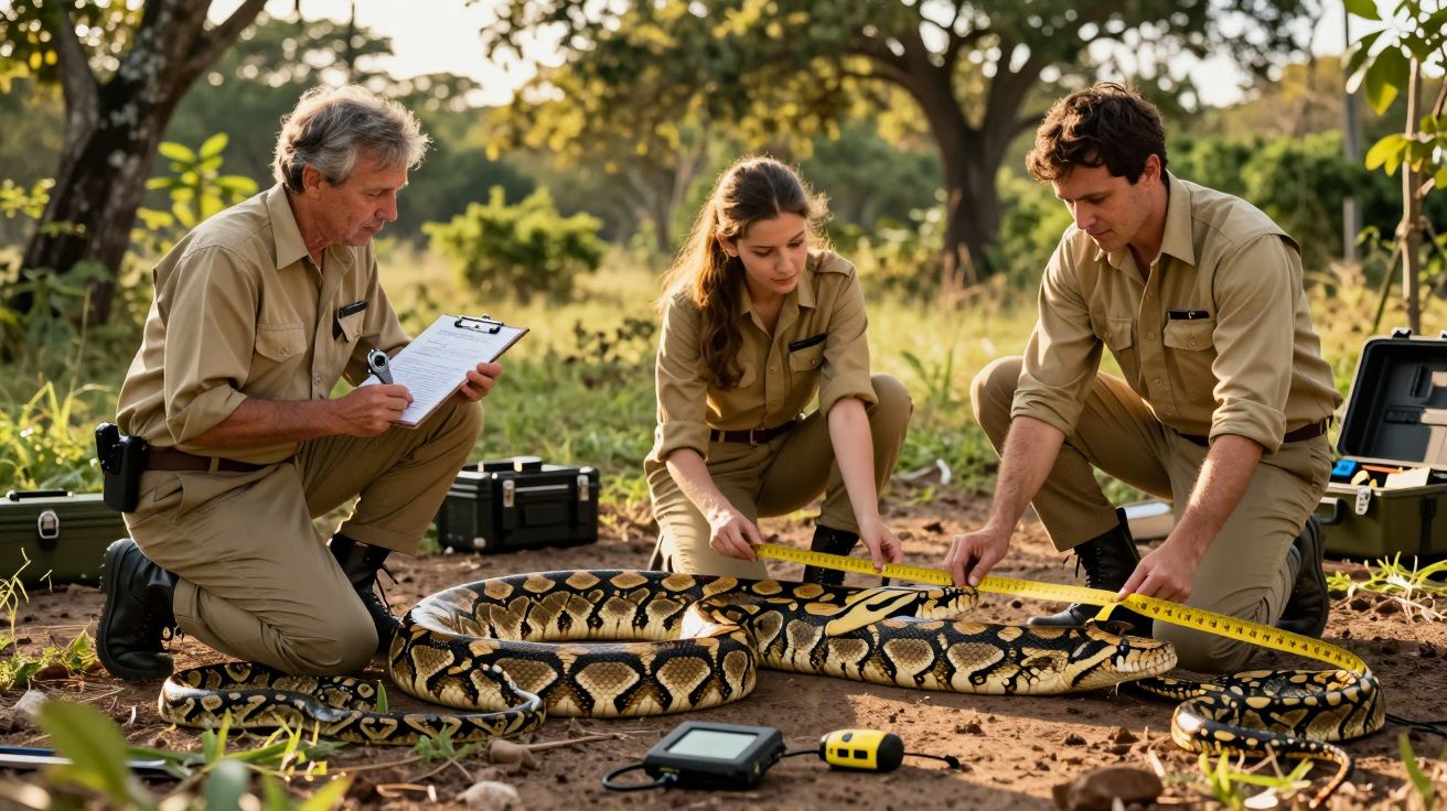 Três investigadores medem uma grande píton no solo numa área de floresta com equipamento de campo à volta.