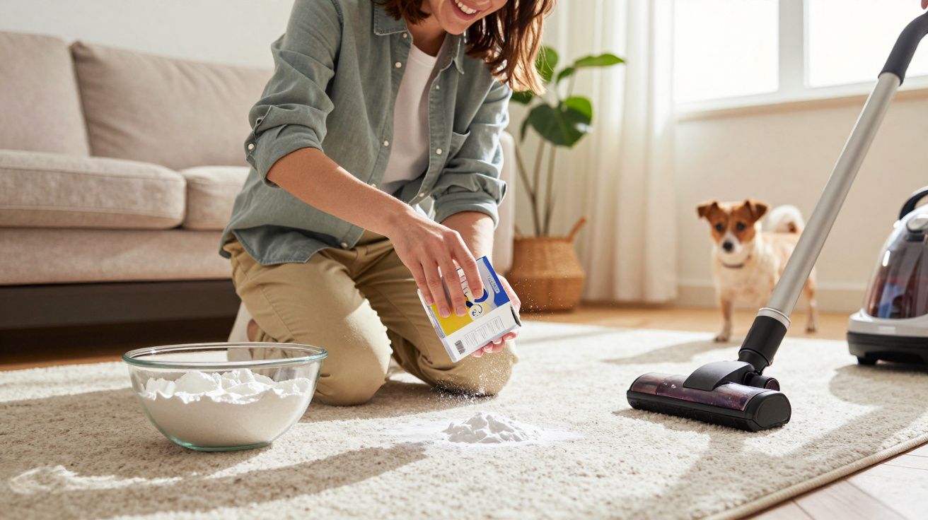 Pessoa a aplicar bicarbonato de sódio numa carpete com aspirador e cão ao fundo numa sala iluminada.