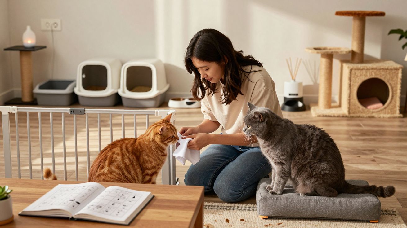 Mulher sentada no chão a limpar o focinho de um gato laranja, com outro gato cinza ao lado, numa sala acolhedora.