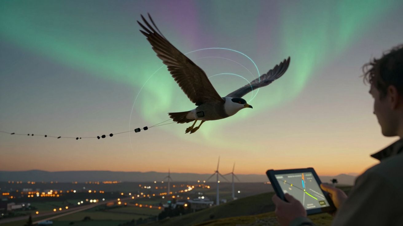 Pássaro robótico a ser monitorizado por dispositivo digital ao entardecer com luzes da cidade e aurora boreal ao fundo.