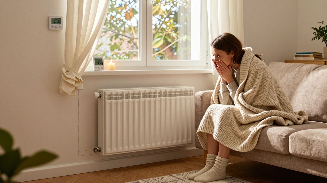 Mulher sentada no sofá, enrolada em manta, a aquecer as mãos junto a um radiador em sala iluminada.