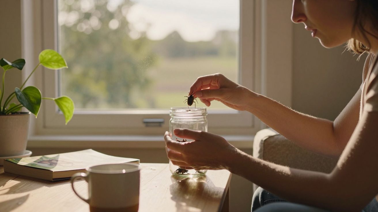 Pessoa sentada junto a uma mesa perto da janela, colocando um inseto num frasco de vidro.