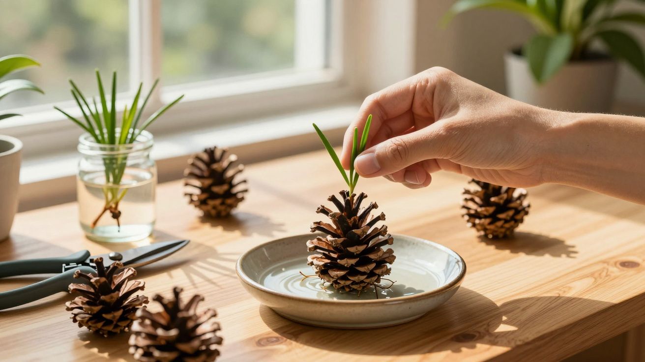Mão a plantar uma pequena planta num cone de pinheiro com vários cones e plantas sobre uma mesa de madeira.