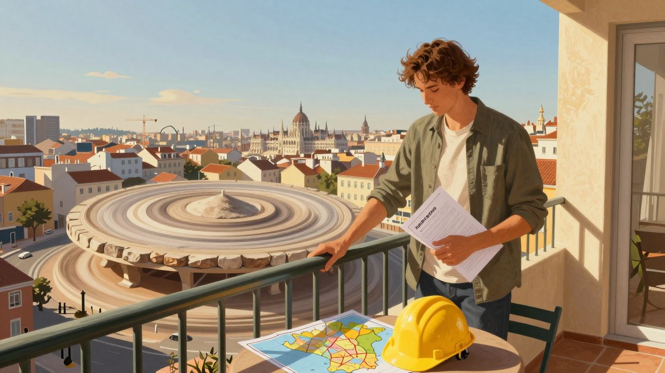 Jovem em varanda com plantas, capacete e mapa, observa nota com vista para cidade ao fundo.