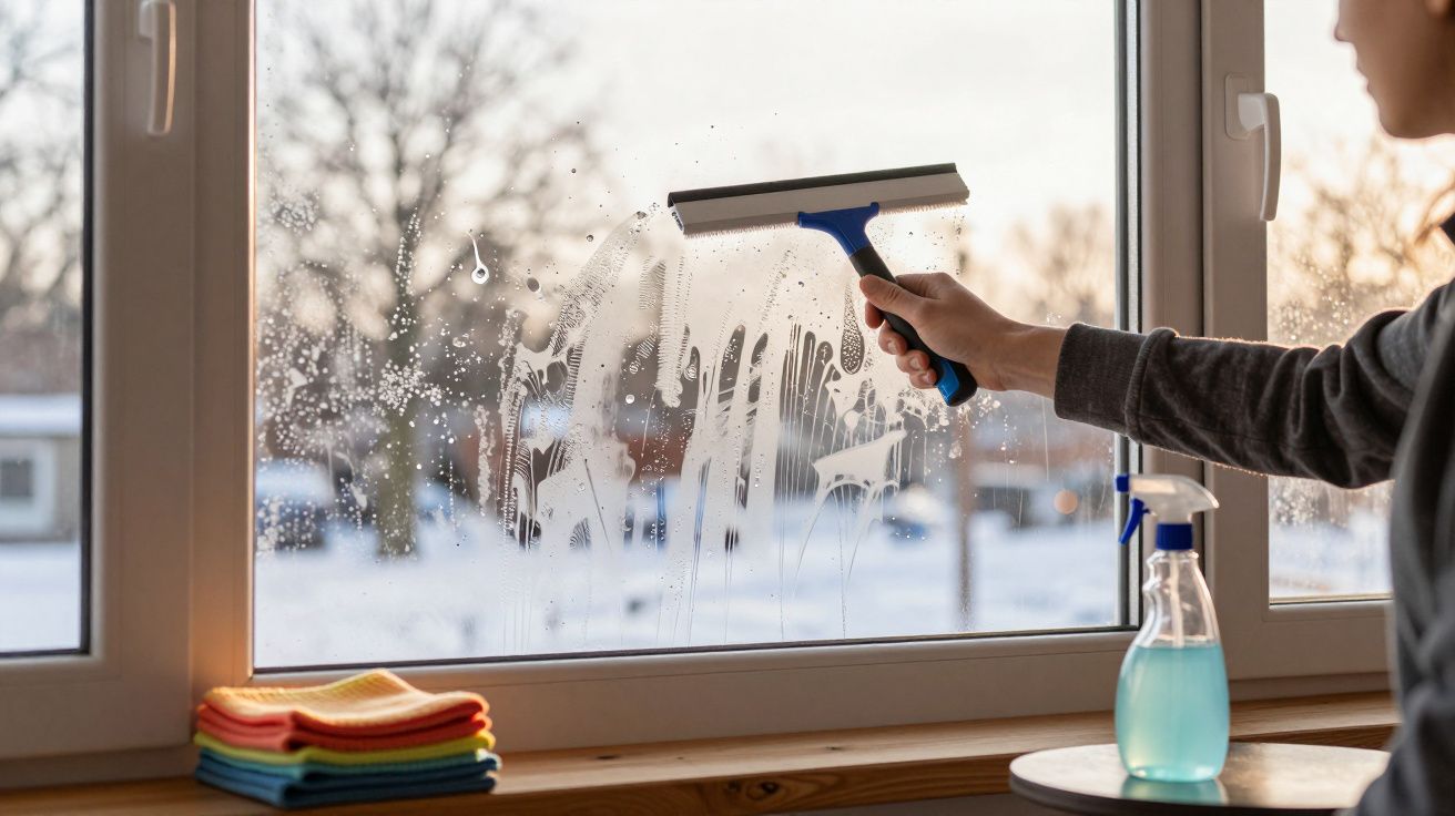 Pessoa a limpar uma janela de vidro com uma escova limpa-vidros e produto de limpeza em frasco spray.