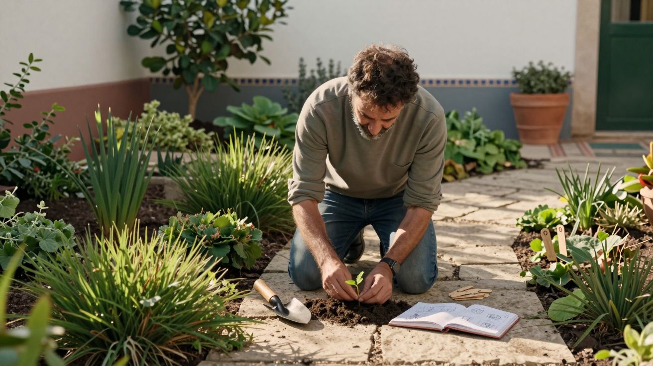 Homem a plantar uma muda num jardim rodeado por várias plantas e um caderno aberto no chão.