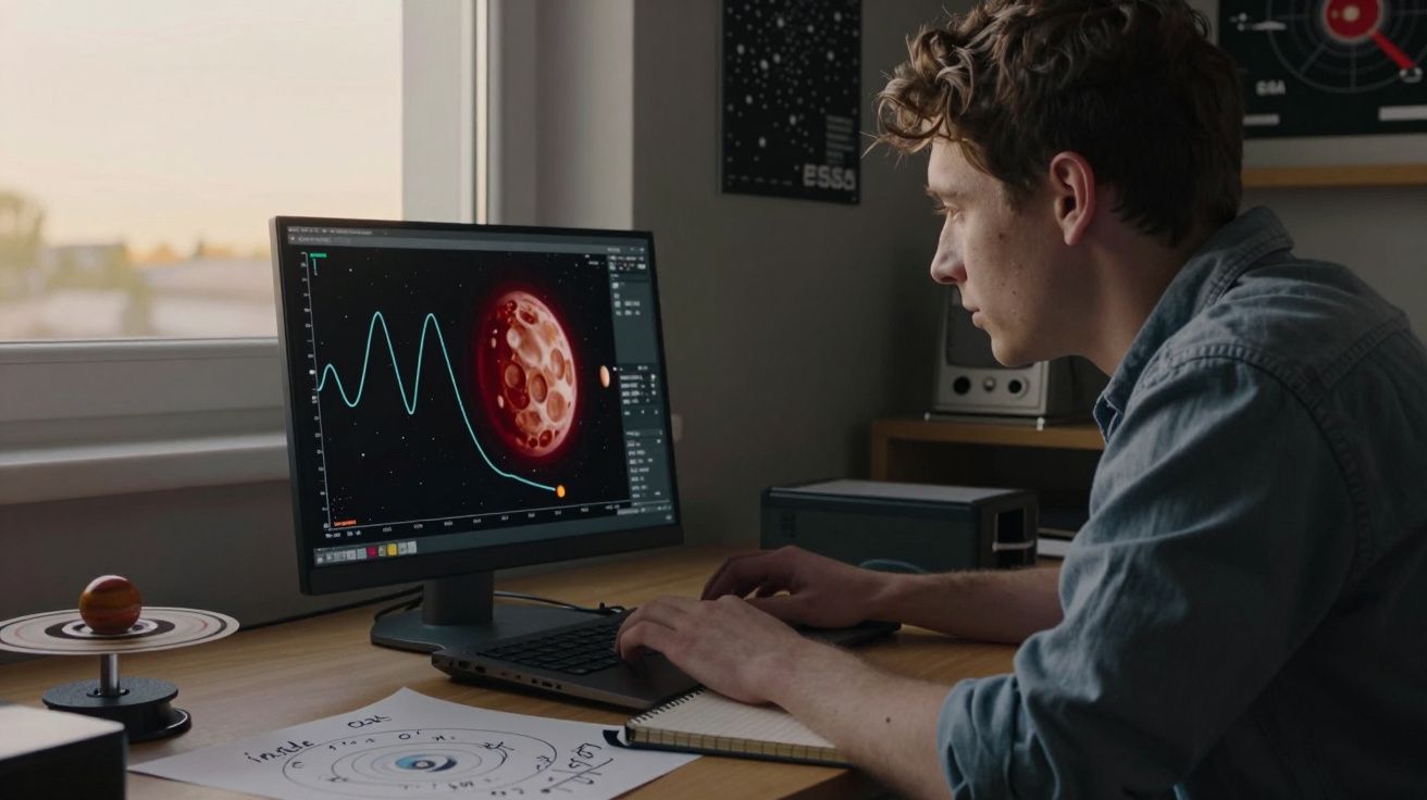 Homem jovem analisa gráfico e imagem de planeta vermelho no computador num escritório iluminado pela luz natural.