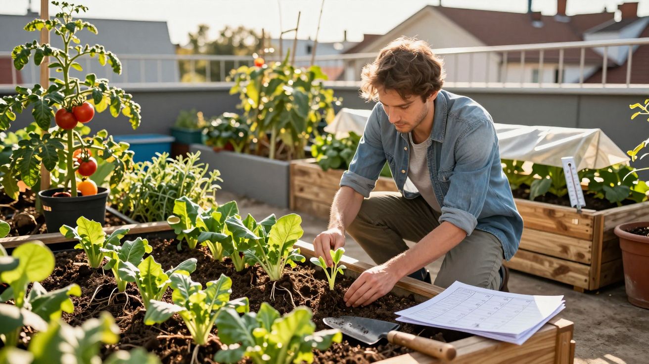 Homem a cuidar de plantas verdes numa horta urbana em canteiros de madeira num terraço ensolarado.