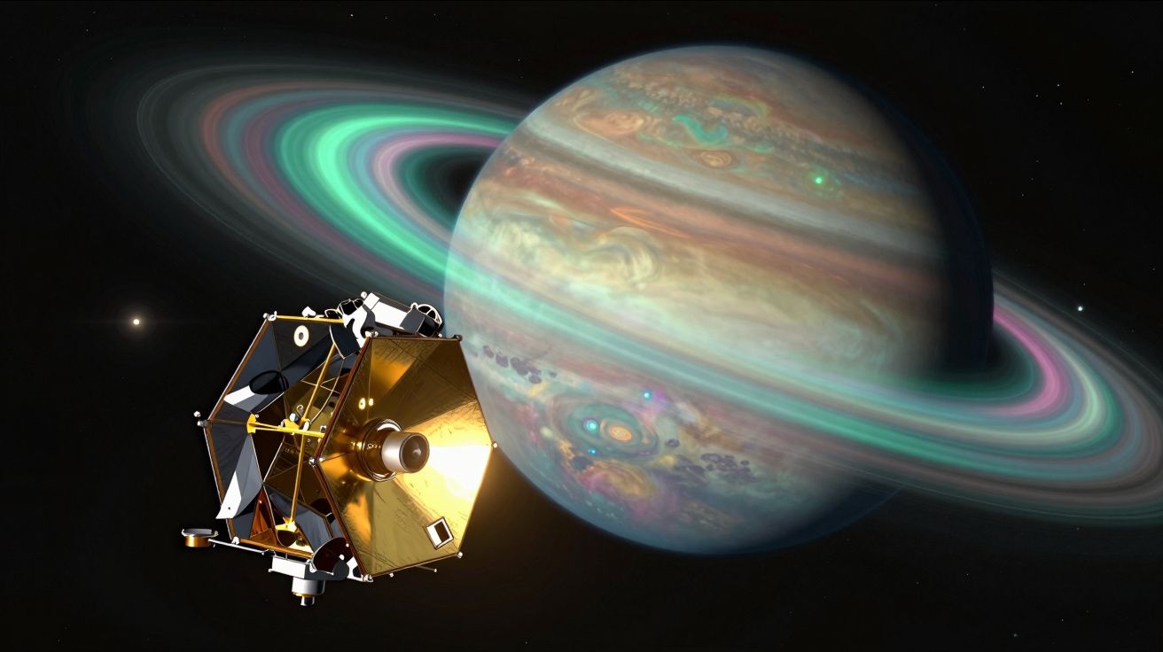 Sonda espacial dourada aproxima-se de planeta gasoso com anéis coloridos brilhantes no espaço.