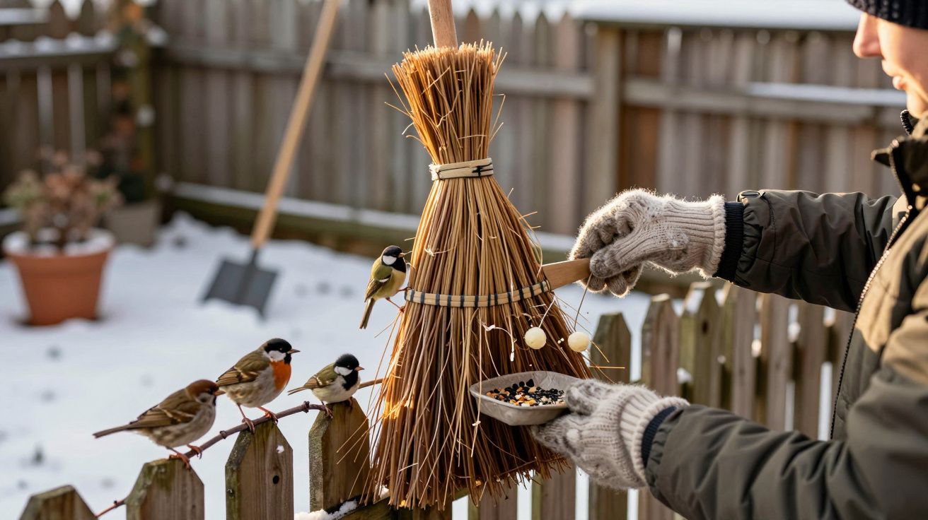 Mãos com luvas a alimentar pequenos pássaros num comedouro improvisado num jardim com neve.