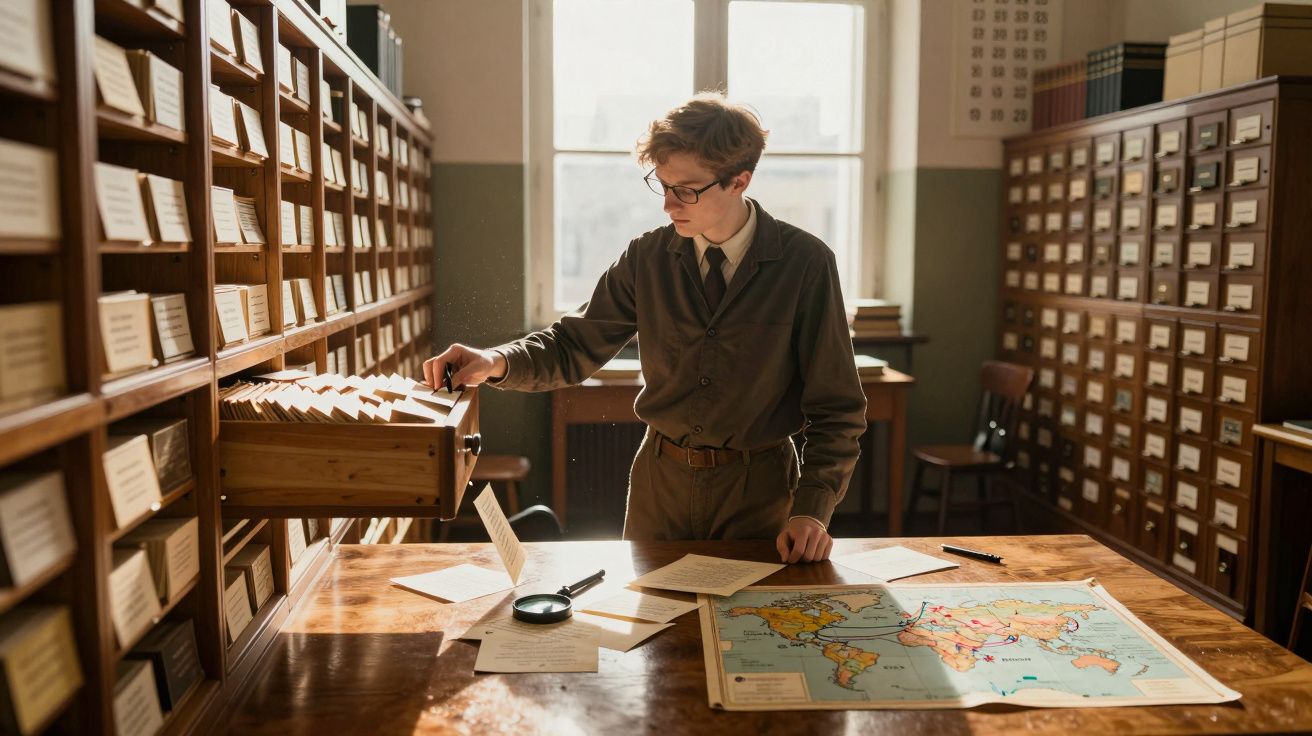 Jovem a consultar arquivos antigos numa sala com mapas, papéis e luz natural através da janela.