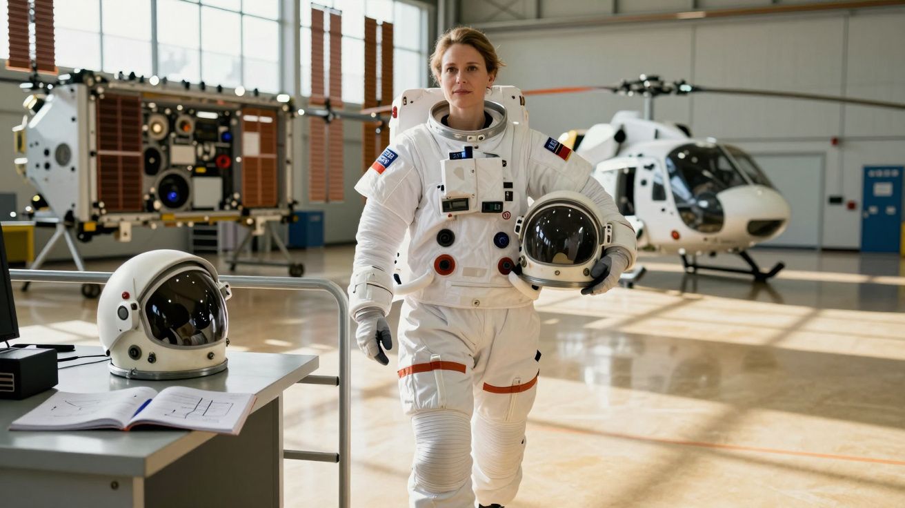 Mulher em fato espacial a segurar capacete, num hangar com helicóptero e equipamento aeroespacial ao fundo.
