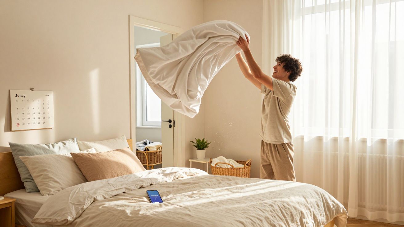 Pessoa a estender um lençol branco num quarto iluminado e arejado com cama e janelas com cortinas transparentes.
