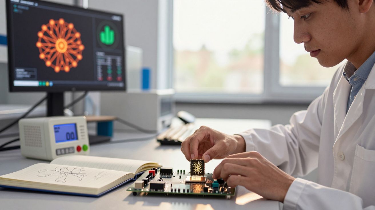 Homem com bata branca a trabalhar num circuito eletrónico com gráficos digitais no ecrã ao fundo.