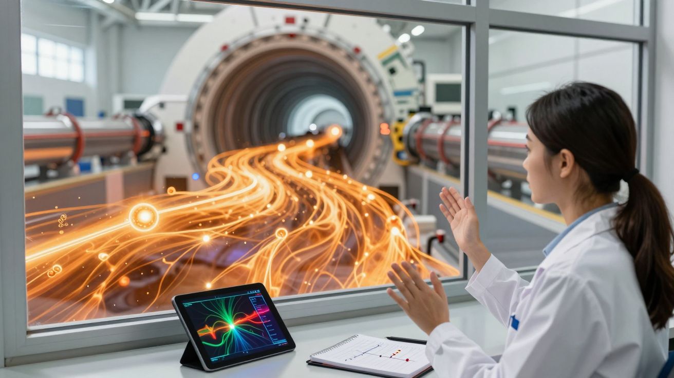 Cientista observa fluxos de energia brilhante a sair de equipamento tecnológico avançado em laboratório.