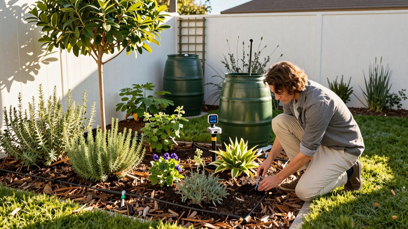 Homem a cuidar de plantas num jardim com rega automática e barris de água ao fundo.