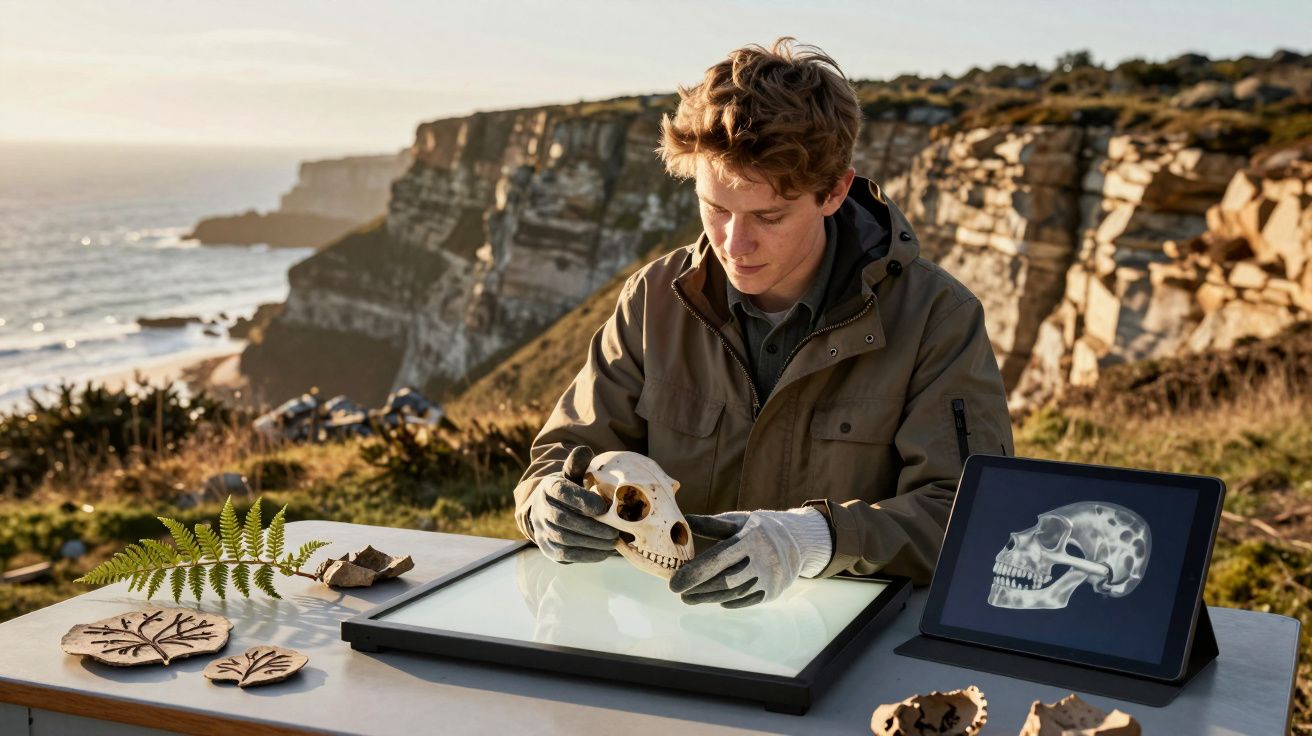 Jovem a analisar crânio animal num sítio arqueológico junto ao mar com tablet e peças fossilizadas na mesa.