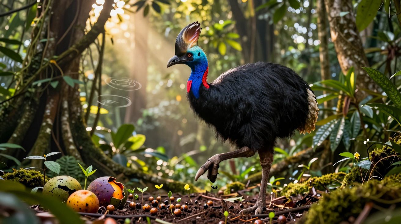 Casuar de crista ereta numa floresta junto a ovos coloridos partidos no chão com luz suave a incidir.