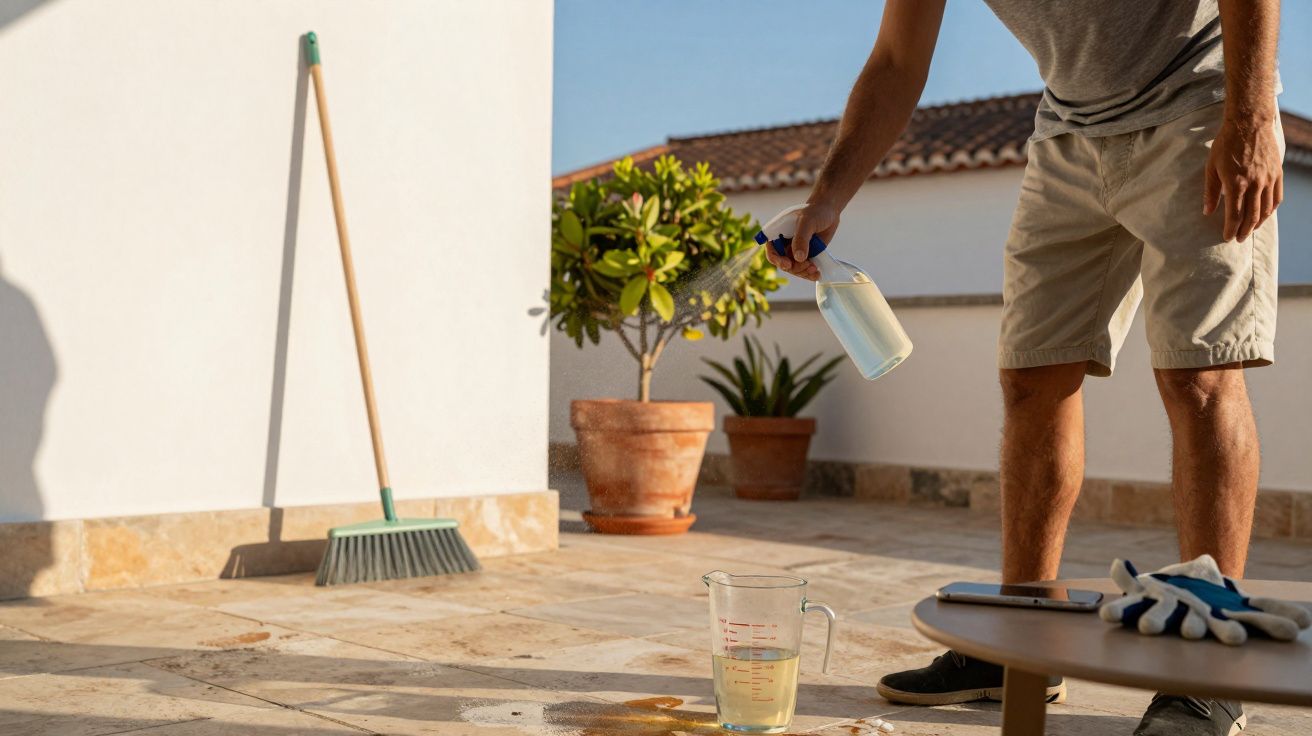 Pessoa a limpar chão exterior com líquido desinfetante e spray, com vassoura e luvas visíveis.