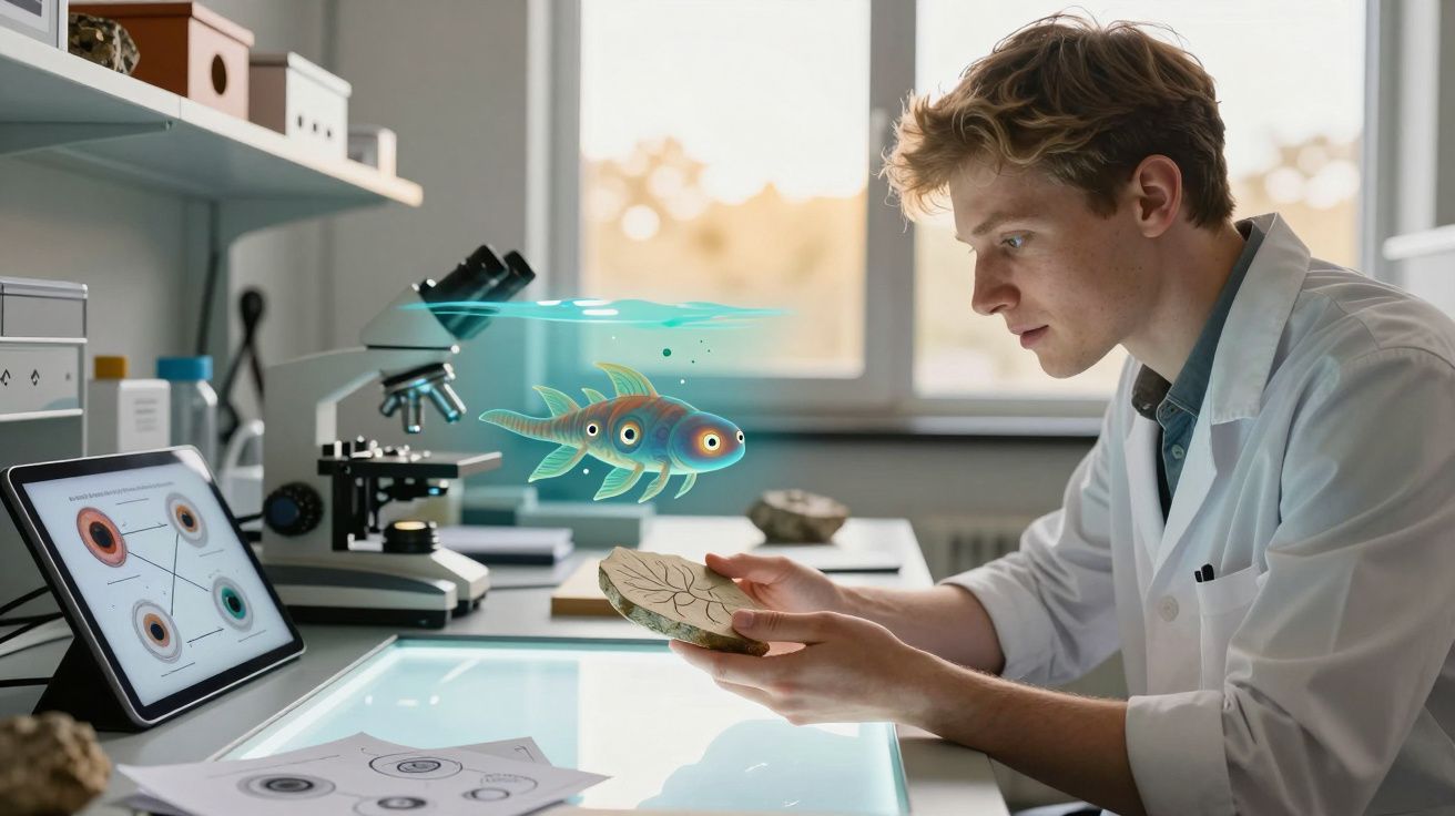 Cientista jovem a estudar fósseis com realidade aumentada de peixe pré-histórico num laboratório moderno.