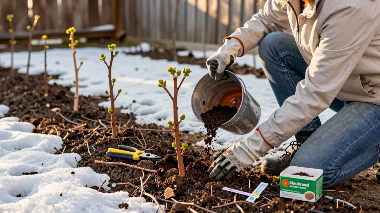 Pessoa a cuidar de plantas jovens numa horta com neve no chão, a adicionar terra às raízes.
