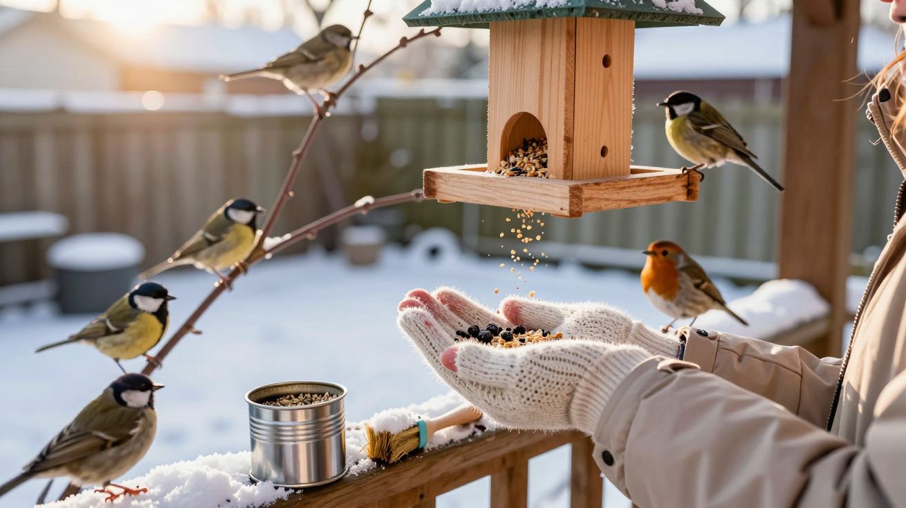 Pessoas alimentam passarinhos com sementes a partir das mãos junto a alimentador de madeira num dia de neve.