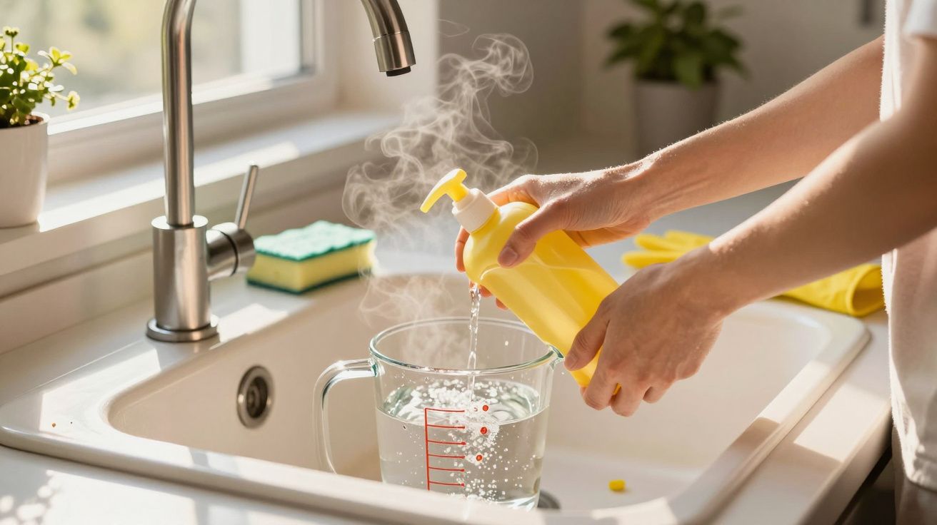 Mãos a despejar detergente amarelo numa jarra de vidro com água quente fumegante numa cozinha iluminada.