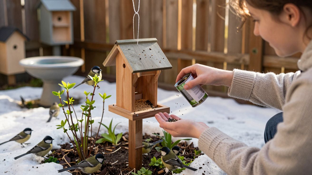 Pessoa a colocar comida num alimentador de pássaros de madeira no jardim com neve e vários pássaros pretos e brancos.