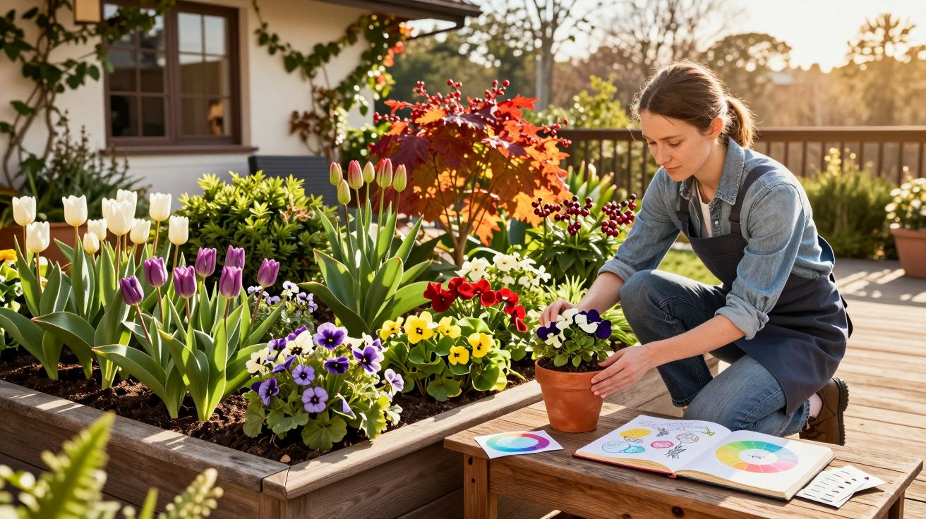 Mulher a cuidar de flores coloridas num jardim elevado ao ar livre durante o dia.