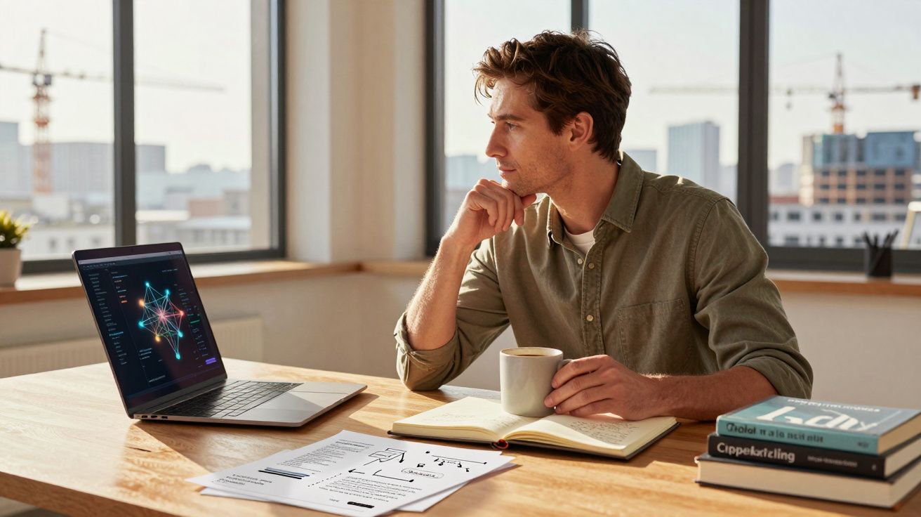 Homem sentado numa mesa de escritório com laptop, caderno aberto e caneca, olhando pela janela.