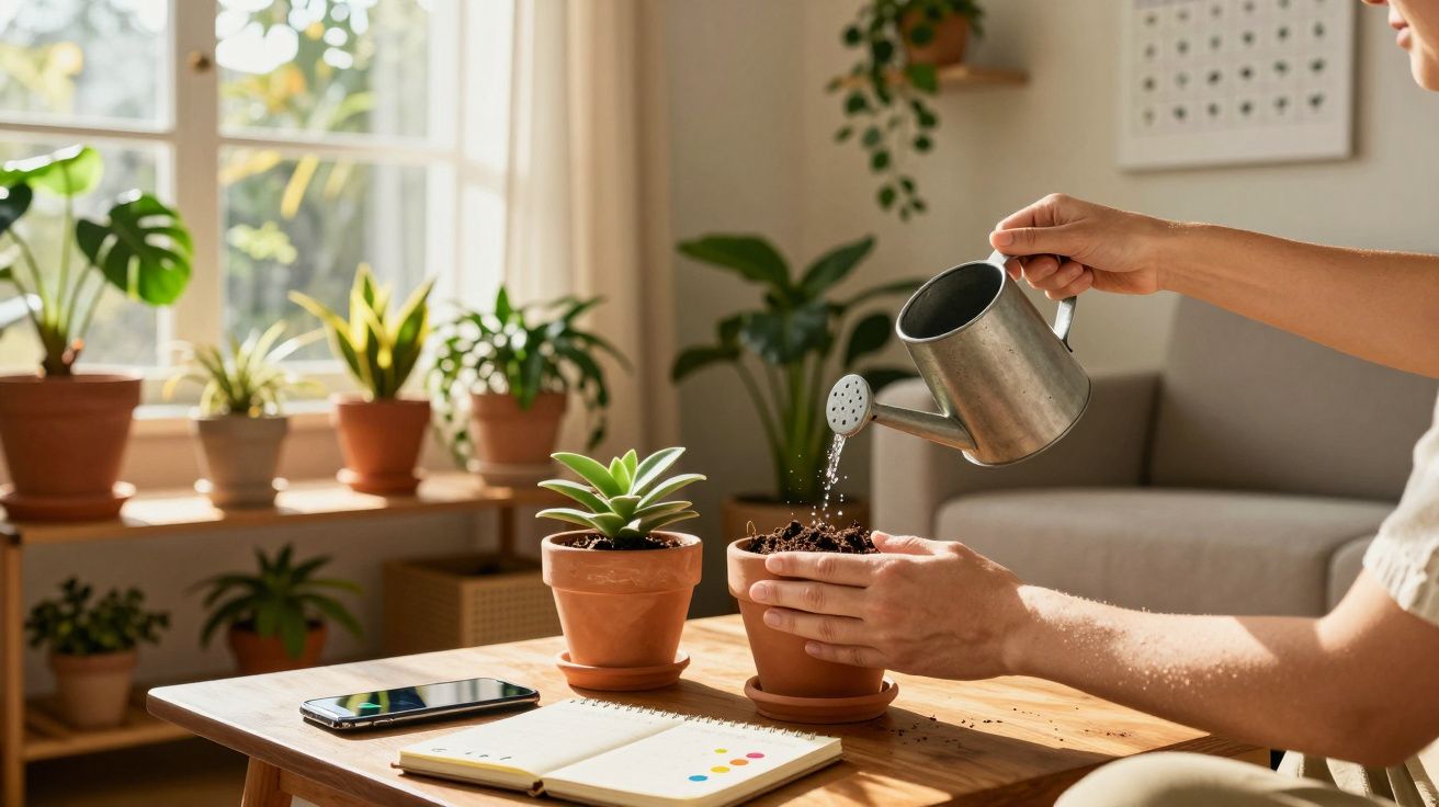 Pessoa a regar planta em vaso de barro numa mesa com caderno e telemóvel, em sala iluminada por janela.