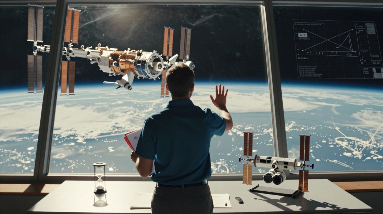 Homem observa e gesticula para modelos de estação espacial em escritório com vista do espaço e Terra ao fundo.