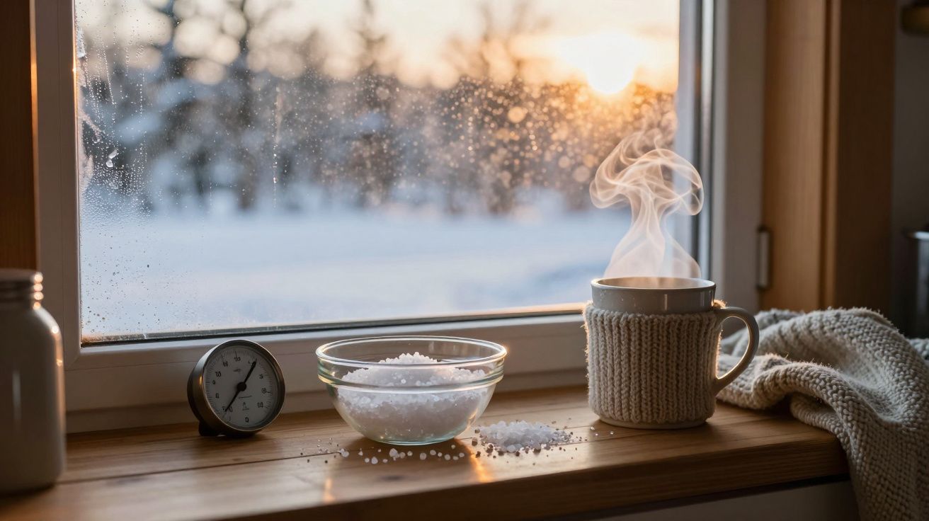Janela com vista para paisagem nevada, chá quente a fumegar, termómetro e sal num recipiente de vidro.