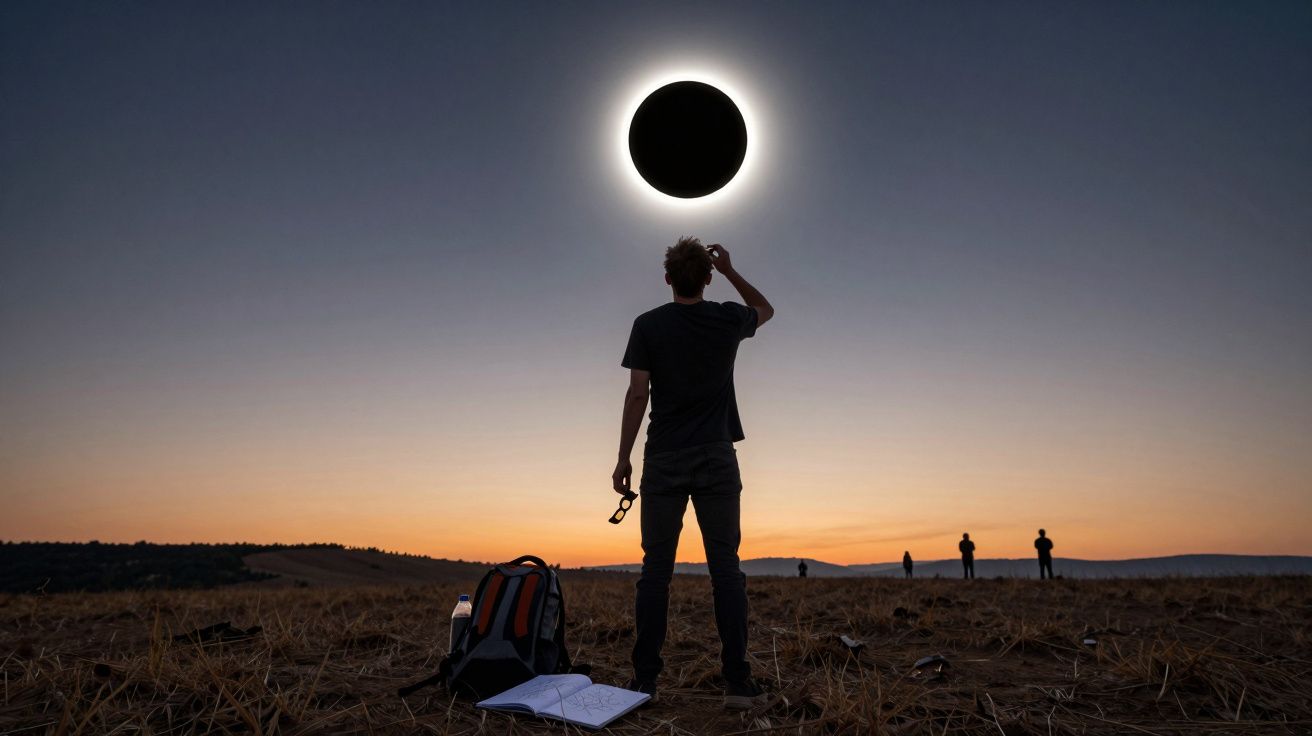 Pessoa observa eclipse solar total ao pôr do sol numa paisagem rural com mochila e caderno no chão.