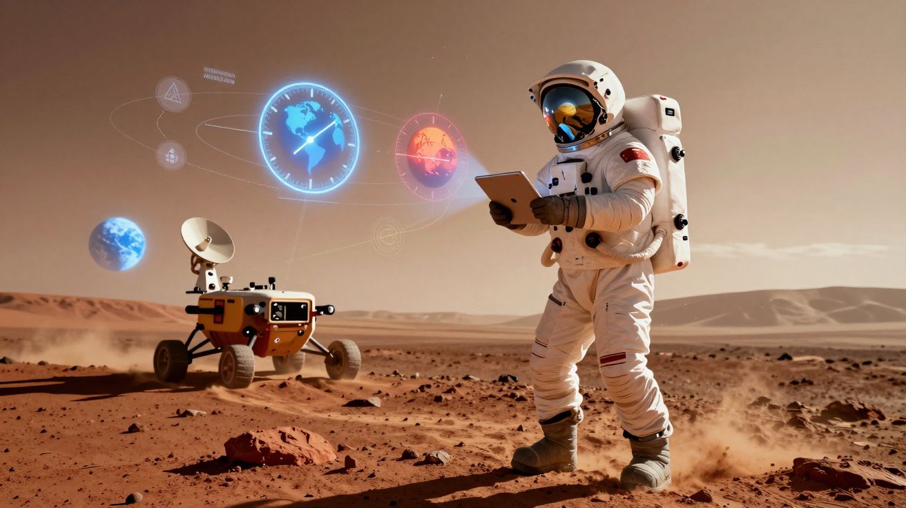 Astronauta em fato espacial usa tablet em superfície marciana com rover e hologramas planetários.