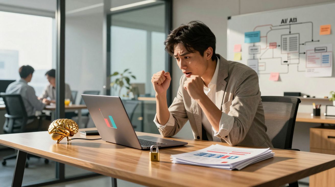 Homem feliz comemora sucesso ao computador numa sala de escritório moderna com gráficos e documentos na mesa.