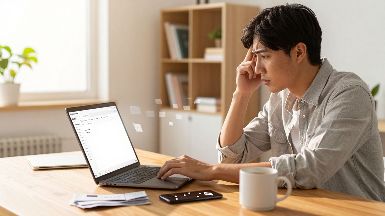 Homem concentrado a enviar email num portátil numa mesa com smartphone, caneca e papéis.