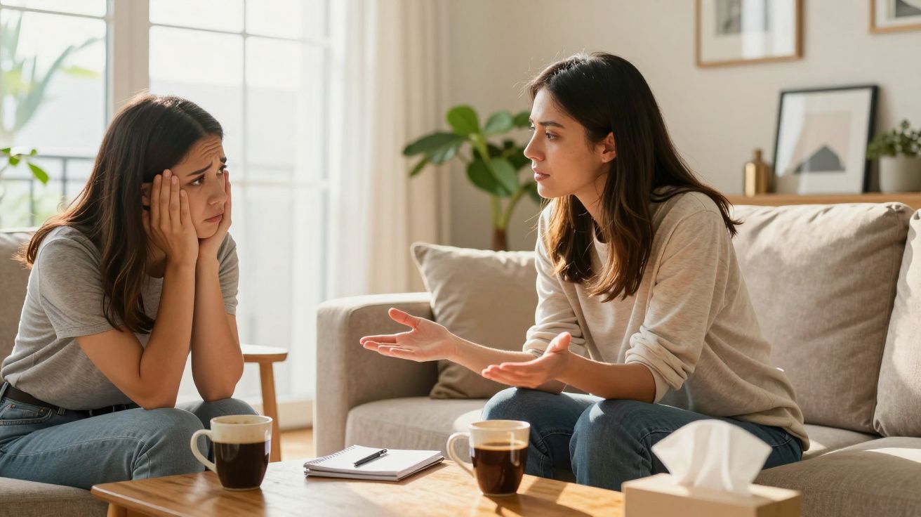Duas mulheres conversam seriamente numa sala de estar, com chávenas de café e lenços sobre a mesa.