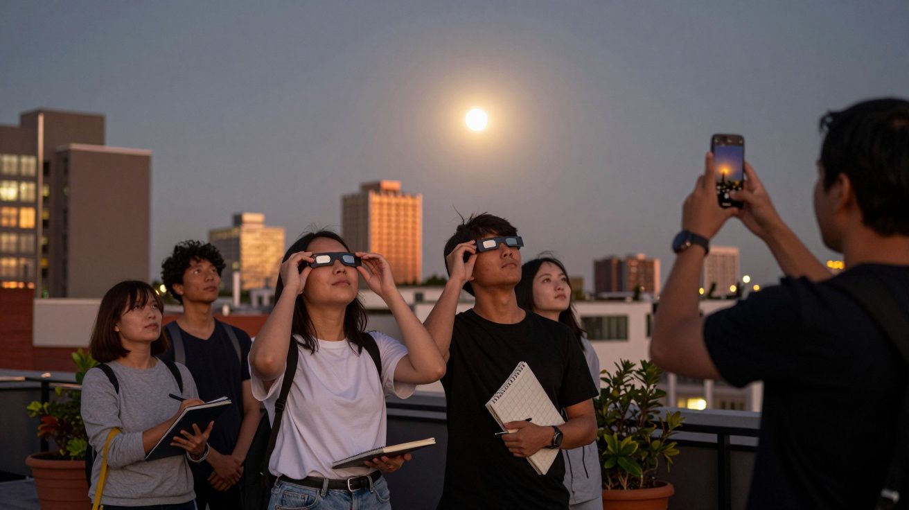 Grupo de pessoas observando o eclipse lunar com óculos especiais numa cobertura urbana ao anoitecer.