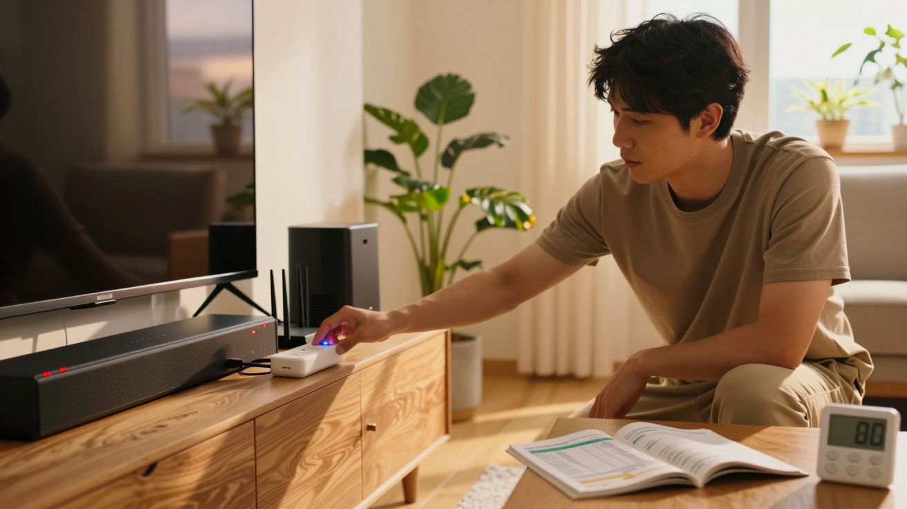 Homem a usar comando remoto numa sala com televisão, móveis de madeira e livros numa mesa.
