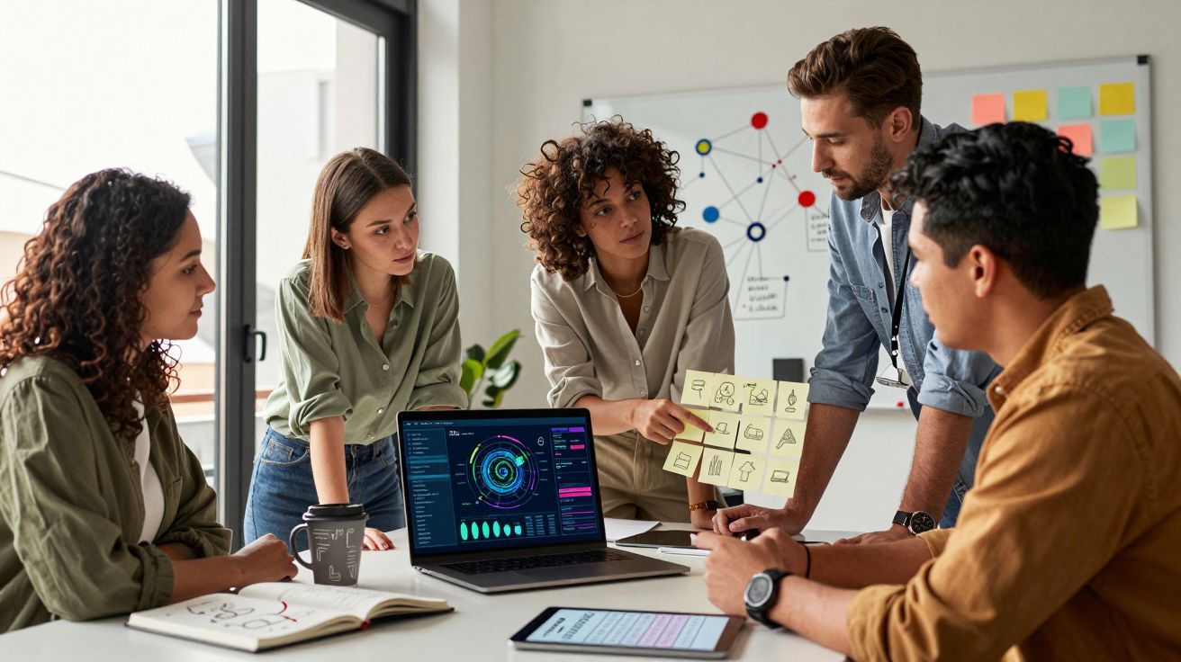 Equipa multicultural em reunião de trabalho a analisar gráficos e a discutir ideias num escritório moderno.