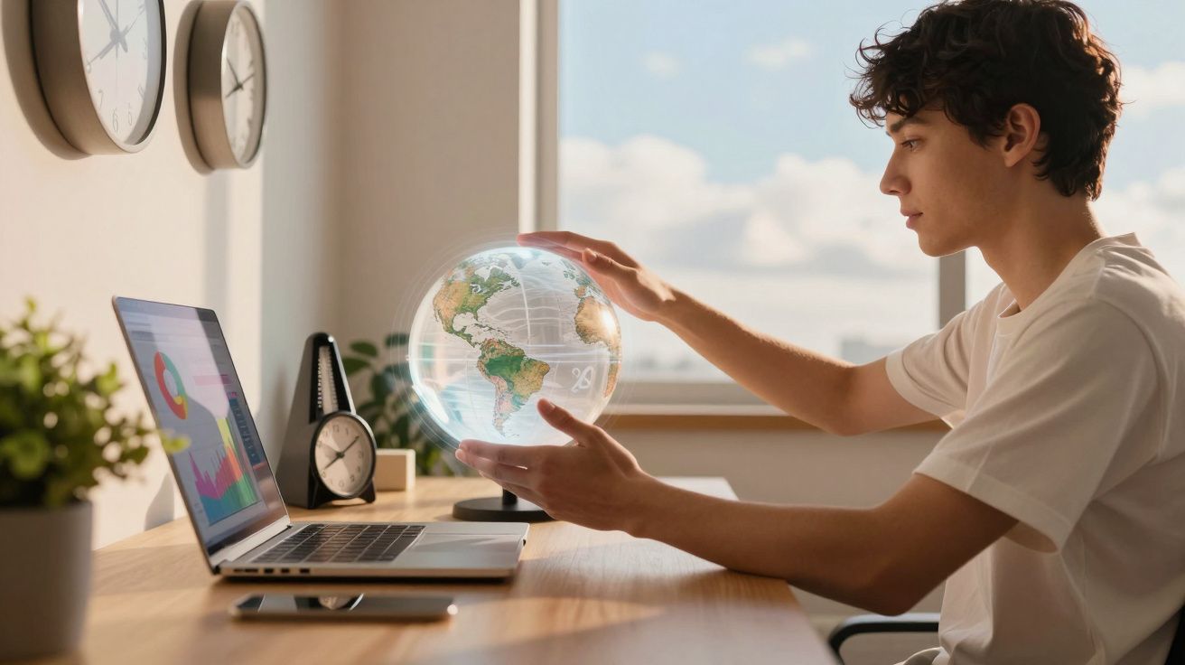 Jovem sentado à secretária interage com um globo terrestre digital holográfico junto a portátil aberto.