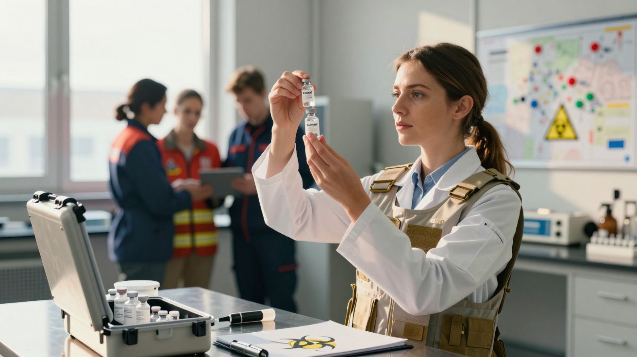 Mulher com uniforme militar examina frascos de vacina num laboratório com equipa ao fundo.