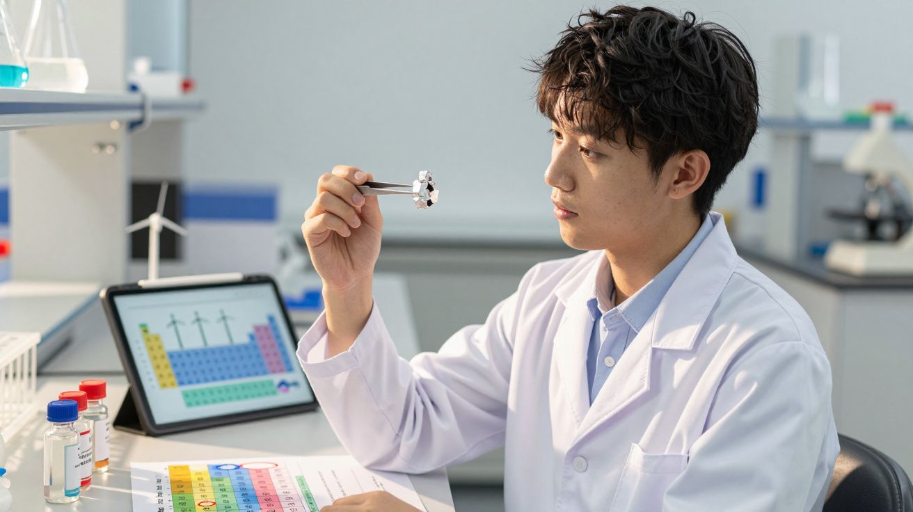 Jovem cientista em laboratório a observar um cristal com pinça, com tabela periódica visível no tablet e papel.