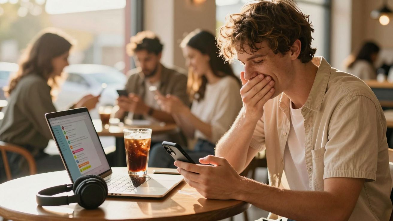 Jovem sorridente com telefone na mão, sentado numa mesa de café com portátil e bebidas, outras pessoas ao fundo.