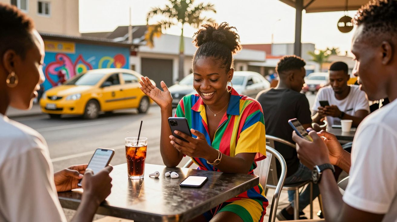 Jovens sentados numa esplanada, a sorrir e a usar telemóveis num ambiente urbano ao final da tarde.