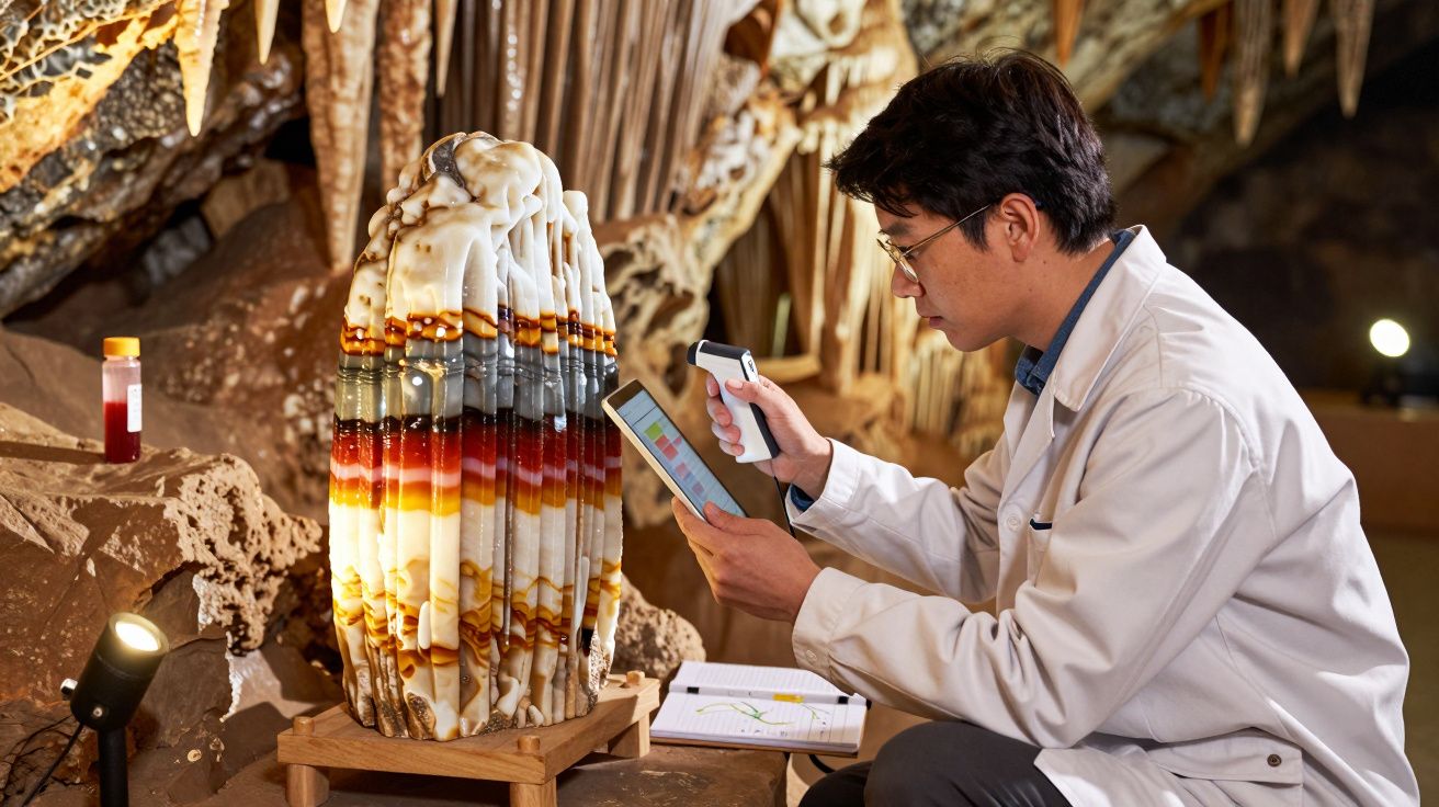 Cientista a analisar formação mineral colorida numa gruta com tablet e termómetro.