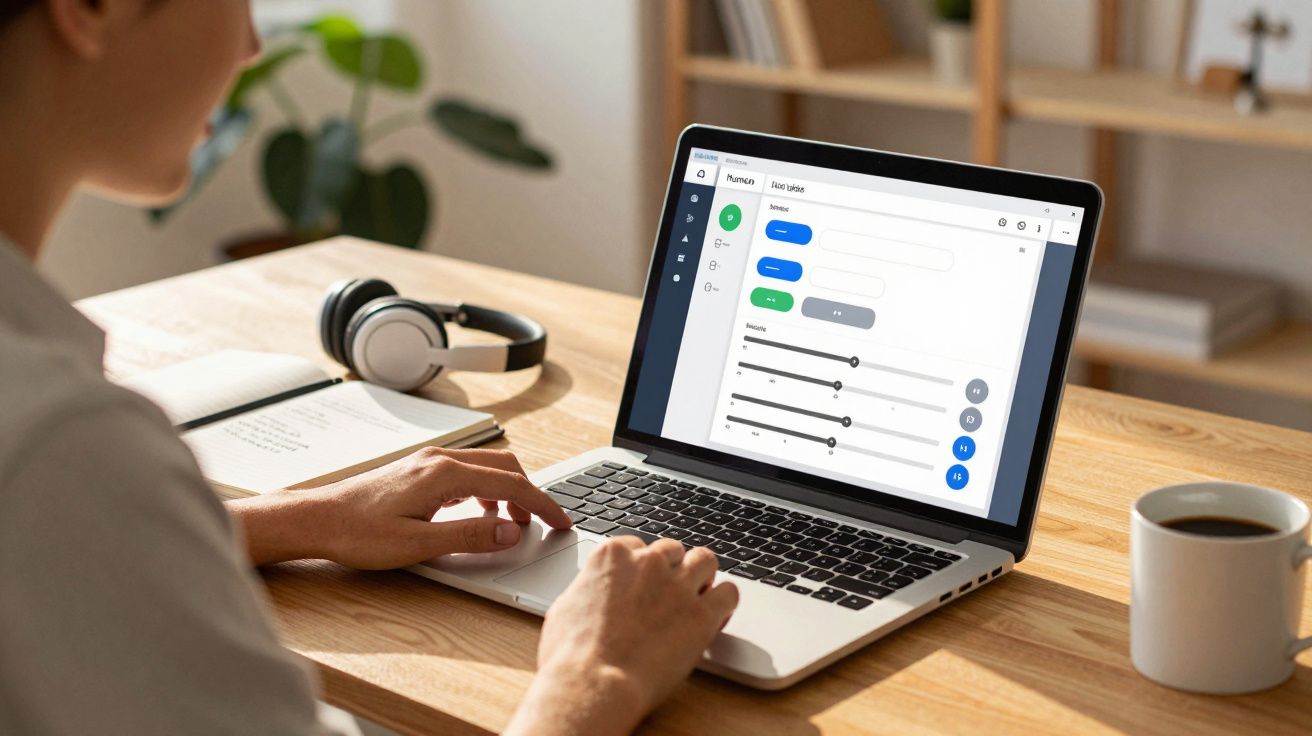 Pessoa a usar computador portátil numa secretária com auscultadores, caderno e chá ao lado.